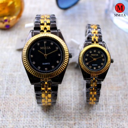 MSETA Black Quartz Watch Set – Elegant Couple's Timepieces with Diamond Accents, Perfect for Any Occasion